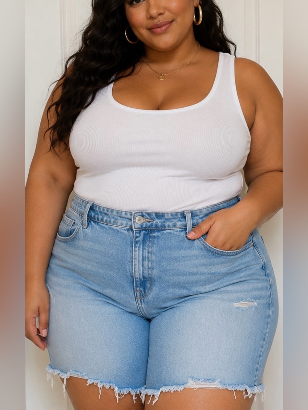 NWT good American Distressed Light Blue Denim Shorts size 24